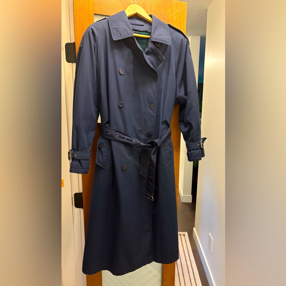 Vintage Navy Double-Breasted Trench Coat with Belt, Zip in Lining, Size L